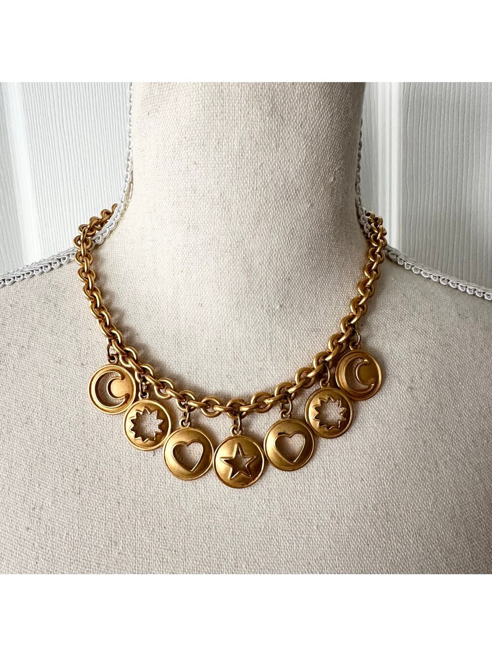 Anne Klein Vintage 80s Gold Tone Celestial Carved Medallion Charm Necklace RARE